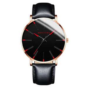 Herren Quarzuhr mit schwarzem Lederarmband, Roségoldgehäuse und minimalistischem Zifferblatt