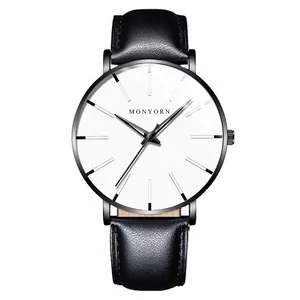 Minimalistische Herrenuhr mit weißem Zifferblatt, schwarzem Lederband und dunklem Gehäuse