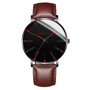 Minimalistische Herren-Quarzuhr mit schwarzem Zifferblatt und braunem Lederarmband