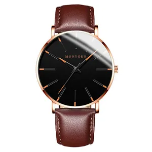 Herren-Quarzuhr mit braunem Lederarmband, Roségold-Gehäuse und schwarzem Zifferblatt