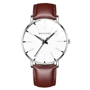 Minimalistische Herrenquarzuhr mit braunem Lederarmband und weißem Zifferblatt in Silber
