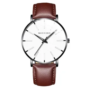 Minimalistische Quarzuhr für Herren mit weißem Zifferblatt und braunem Lederarmband