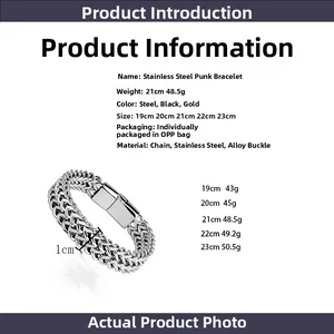 Size chart for double-row stainless steel punk bracelet with weight and length measurements