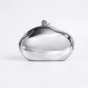 Irregular Pebble Evening Clutch Bag Metal Mirror Finish Snail Clasp Chic Handbag With Detachable Chain For Women Social Party