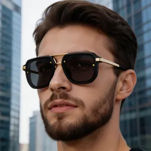 Square Sunglasses Men Retro Double Beam UV400 Protection Metal Plastic Frame PC Lens Fashion Outdoor Driving Shades