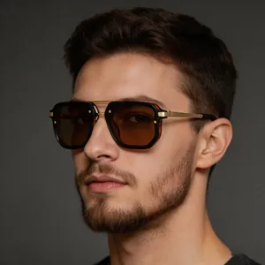 Vintage Square Frame Sunglasses For Men Double Bridge UV400 Protection PC Metal Frame Outdoor Driving Fashion Eyewear