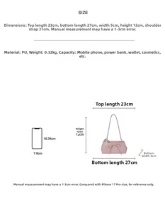 Tableau des tailles du sac à main rose en PU de 27cm avec nœud et détails de capacité