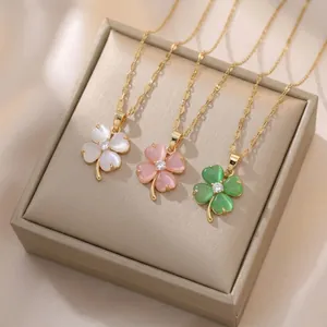 Clover Pendant Necklace Titanium Steel Gold Plated Cat Eye Stone Zircon Sweet Fashion Jewelry Gift For Women