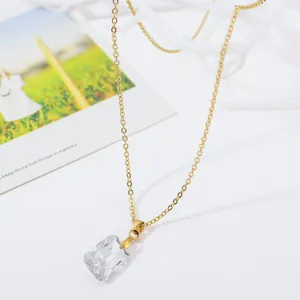 Elegant gold chain necklace with large square transparent zircon pendant for women