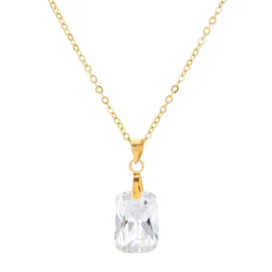 Golden stainless steel necklace featuring a large rectangular zircon pendant on a white background