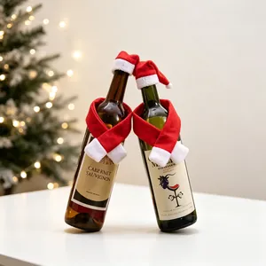 Christmas wine bottle decor set with mini red Santa hat and striped scarf decorations