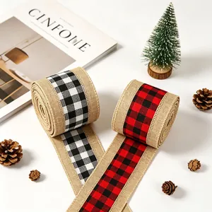 Detail of Christmas buffalo plaid linen ribbons for holiday DIY crafts and gift wrapping