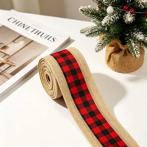 Detail of red and black buffalo plaid burlap ribbon with natural texture for Xmas decor