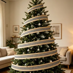 Close-up of black and white checkered Christmas ribbon on a decorated pine tree