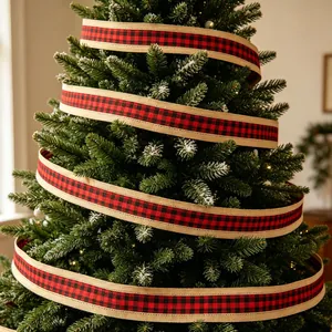 Detail of red and black buffalo plaid burlap ribbon wrapped on a Christmas tree