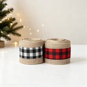 Five meters of black and white buffalo plaid burlap Christmas ribbon for gift wrapping