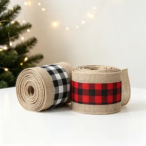 Detail of buffalo plaid jute ribbons for Christmas decor with rustic burlap texture
