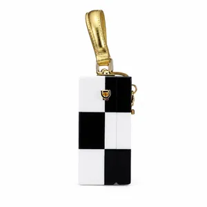 Retro checkered box clutch with gold metal handle and monochrome pattern for women