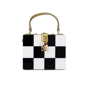 Acrylic Checkerboard Box Bag Gold Handle Handheld Crossbody Evening Hard Case Purse Vintage Flower Charm For Women