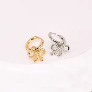 Polished S925 silver needle hoop earrings with bow pendants in gold and silver