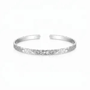 S925 Sterling Silver Hammered Open Bangle For Women Minimalist Crushed Ice Texture Adjustable Cuff Bracelet Fine Jewelry Gift