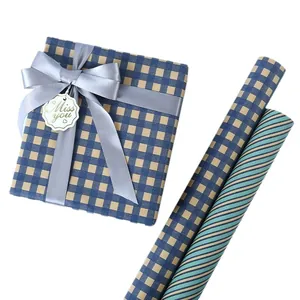 Neutral plaid and striped gift wrapping paper set with elegant ribbon and miss you tag