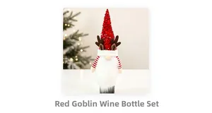 Detail of red sequined gnome wine bottle cover with reindeer antlers and white beard