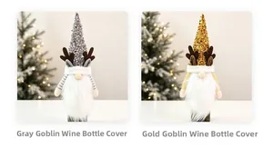 Close-up of grey and gold sequin gnome wine bottle covers with reindeer antlers
