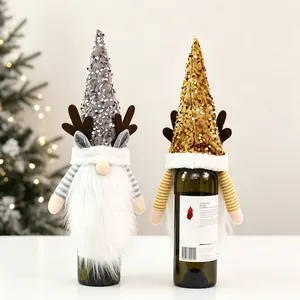 Christmas gnome wine bottle covers with sequins, reindeer antlers, and plush beards
