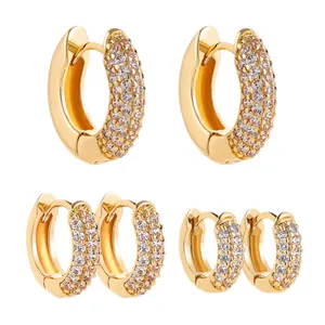 Three pairs of 18K gold plated hoop earrings with micro-paved cubic zirconia accents