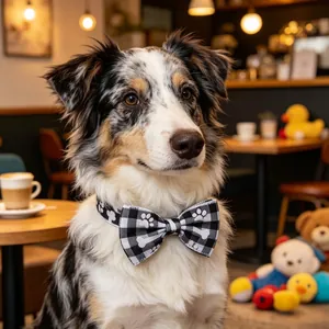 Détail du collier pour chien à carreaux avec motifs pattes et os sur un berger