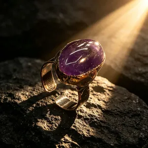 Macro shot of an adjustable gold ring featuring a large oval purple crystal on black rock