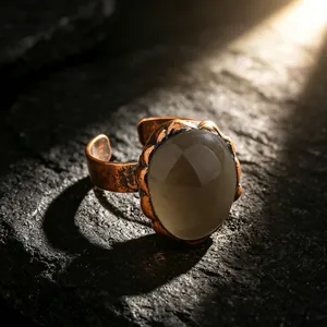 Macro shot of vintage copper ring with smokey quartz stone and hammered texture detail