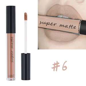 Detailed close-up of matte brown liquid lipstick No.6 with wand and lip texture swatches