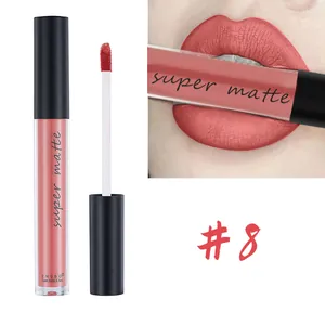 Macro detail of matte liquid lipstick #8 in rosy pink with swatch and sponge applicator