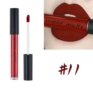Matte velvet liquid lipstick in deep red shade #11 with applicator and lip swatch detail