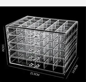 Detailed view of 5-tier clear acrylic organizer with 120 compartments for nail art gems
