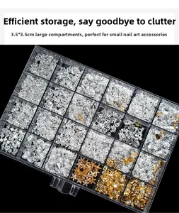 Macro view of clear 3.5x3.5cm compartments filled with metallic nail art charms
