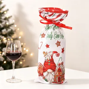 Christmas gnome wine bag with red ribbon drawstring and holiday festive prints