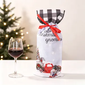 Close-up of Merry Christmas gnomes wine bottle cover with plaid drawstring and linen texture