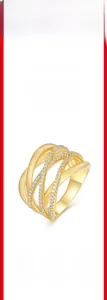 Detailed view of R14030 gold multi-layer crisscross ring with moissanite and brushed finish