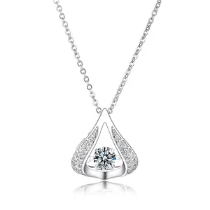 Polished stainless steel necklace with sparkling dancing waterdrop heart pendant