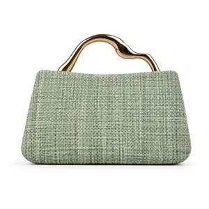 Detailed shot of light green woven PU bag featuring a curved gold metal handle