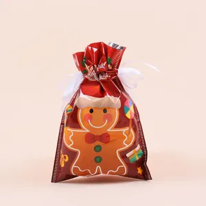 Detail of Christmas gingerbread man drawstring gift bag with Merry Christmas text