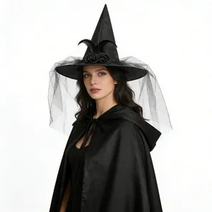 Detail of a black witch hat with feathers, silk roses and mesh veil for Halloween costume