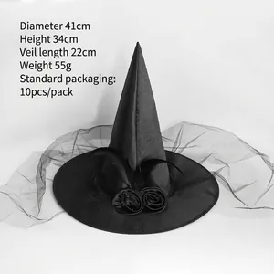 Detail view of black Halloween witch hat with mesh veil and faux rose decorations