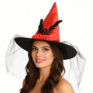 Red and black Halloween witch hat with silk roses, feathers and elegant mesh veil detail