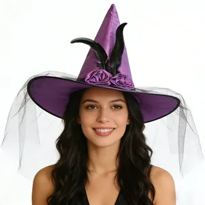 Elegant purple satin witch hat with roses and black mesh veil for Halloween costume party