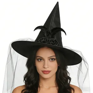 Halloween witch hat with black roses, mesh veil and feathers for party costume