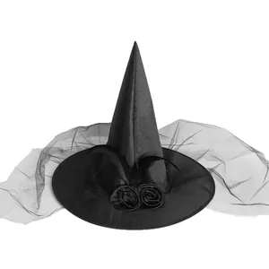 Halloween black witch hat with roses, feathers and elegant mesh veil for party costume